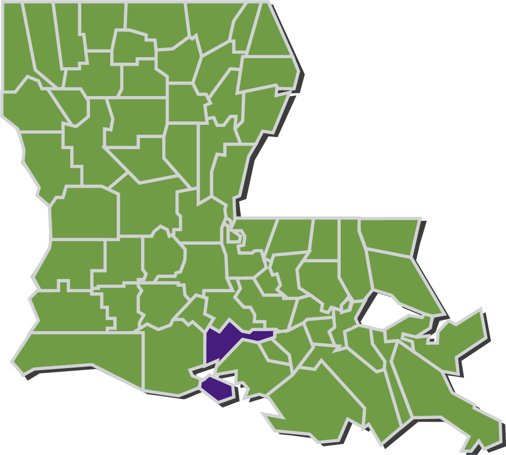 Map of Louisiana parishes with Iberia parish highlighted in purple.